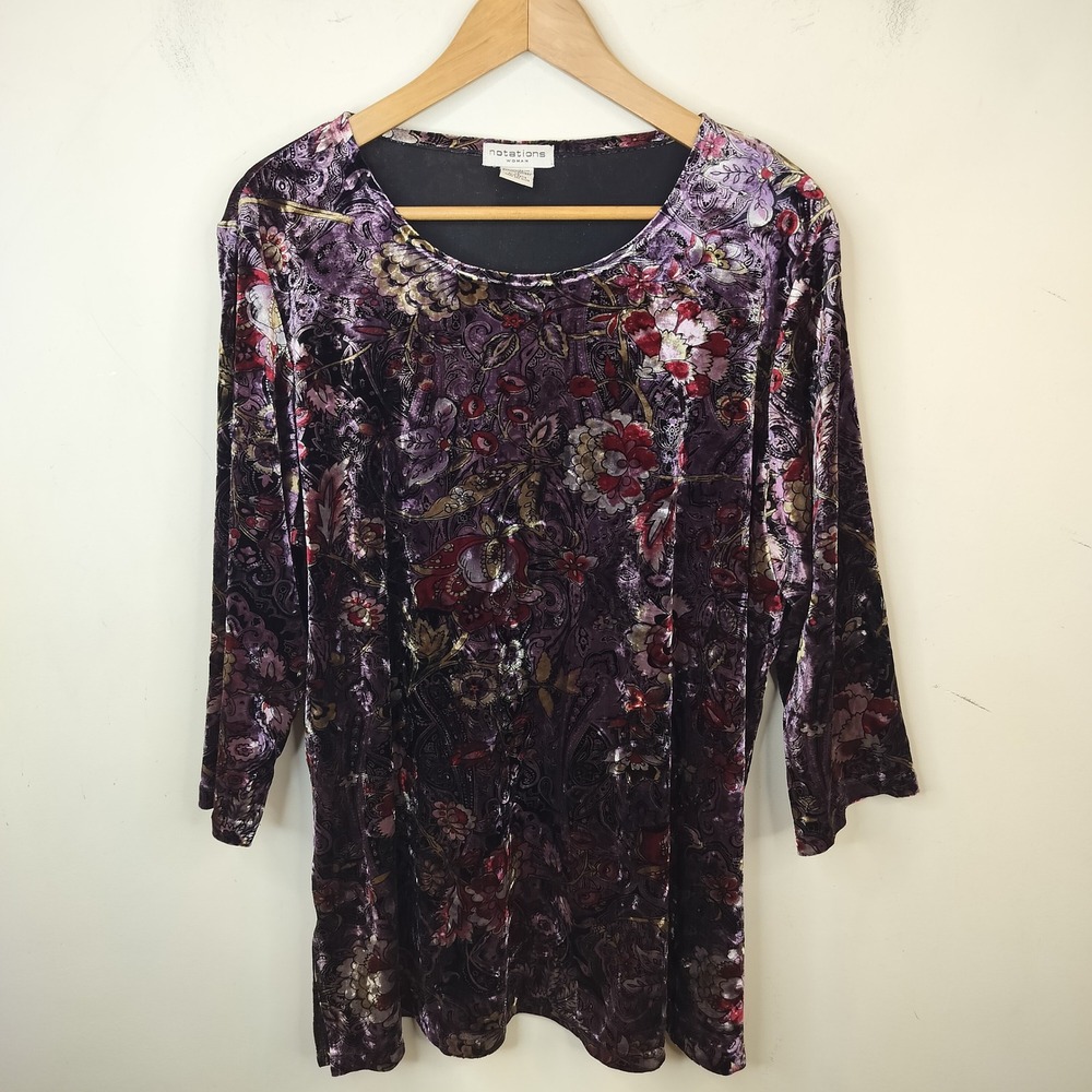 Notations Floral Velvet Tunic Top 1X Plus Purple Multicolor Whimsigoth Boho